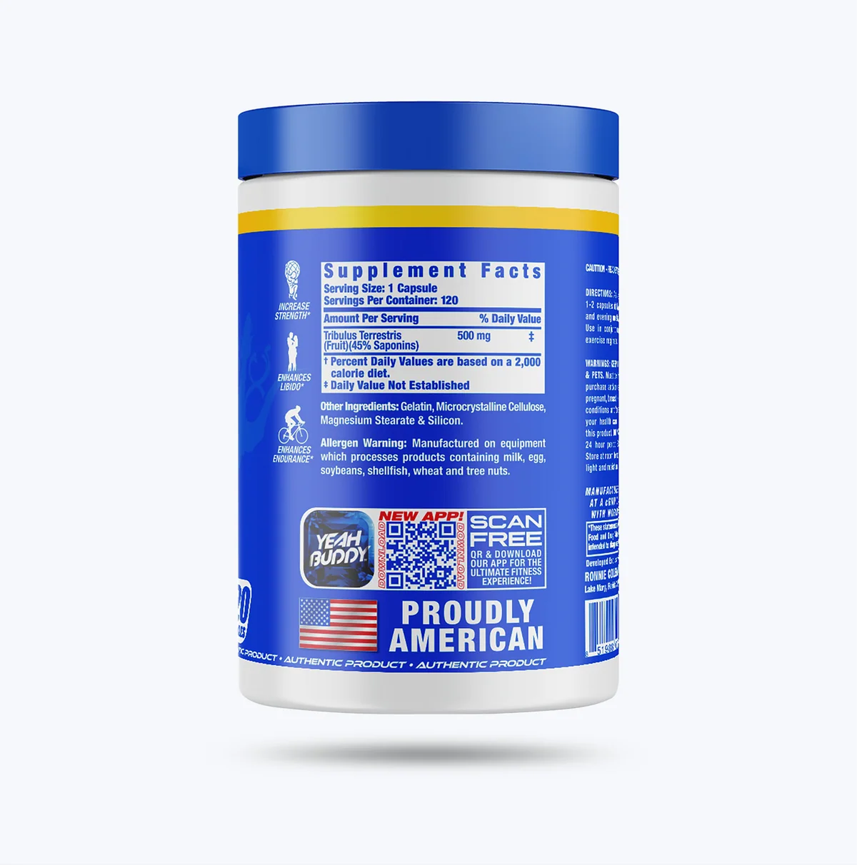Близка снимка на капсулите Ronnie Coleman Tribulus-XS, може би с част от опаковката във фокус.
