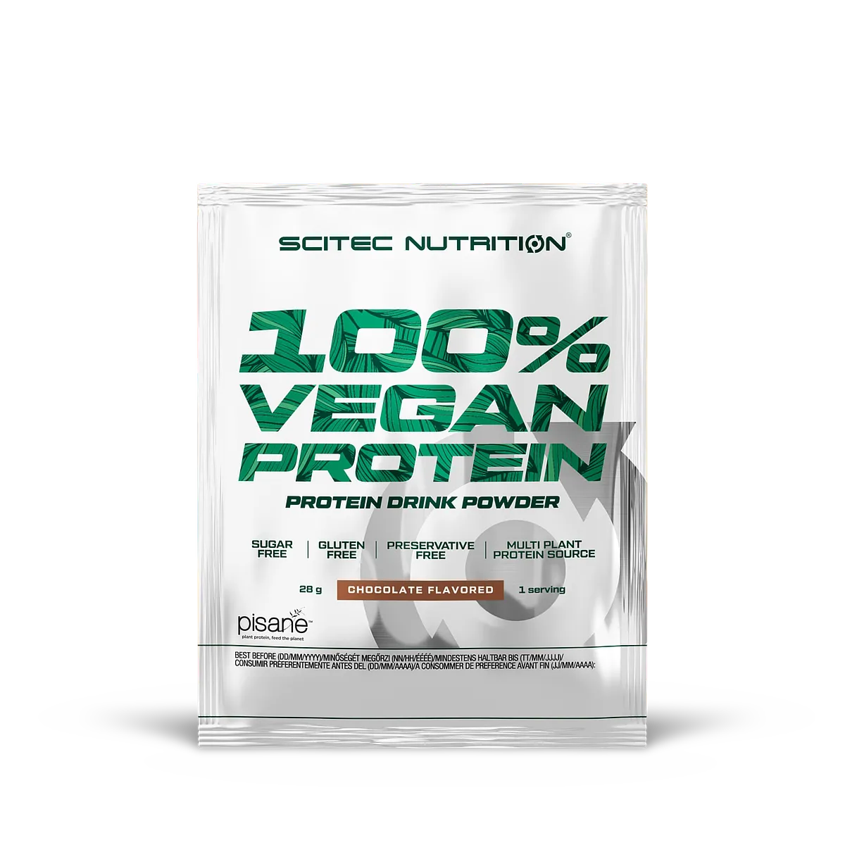 Еднодозова опаковка Scitec Nutrition 100% Vegan Protein с вкус шоколад, показваща информация за продукта.
