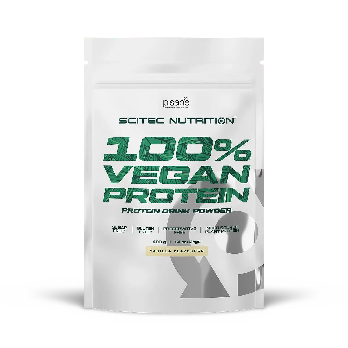 Опаковка на Scitec Nutrition 100% Vegan Protein с вкус шоколад, показваща какаови зърна.