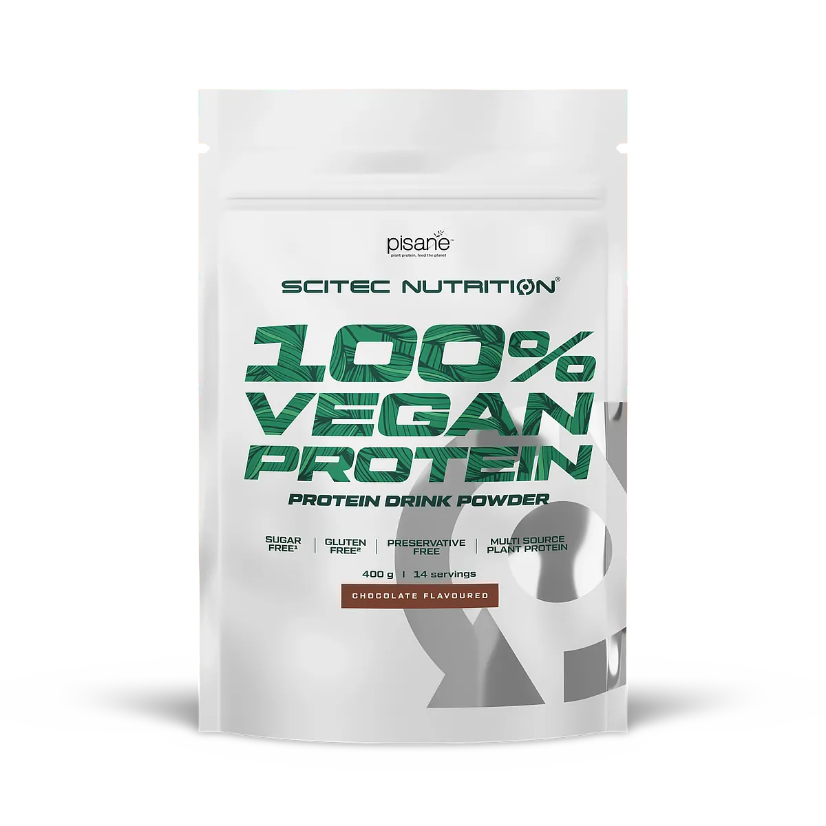 Опаковка на Scitec Nutrition 100% Vegan Protein с вкус ванилия, изобразяваща растителни елементи.