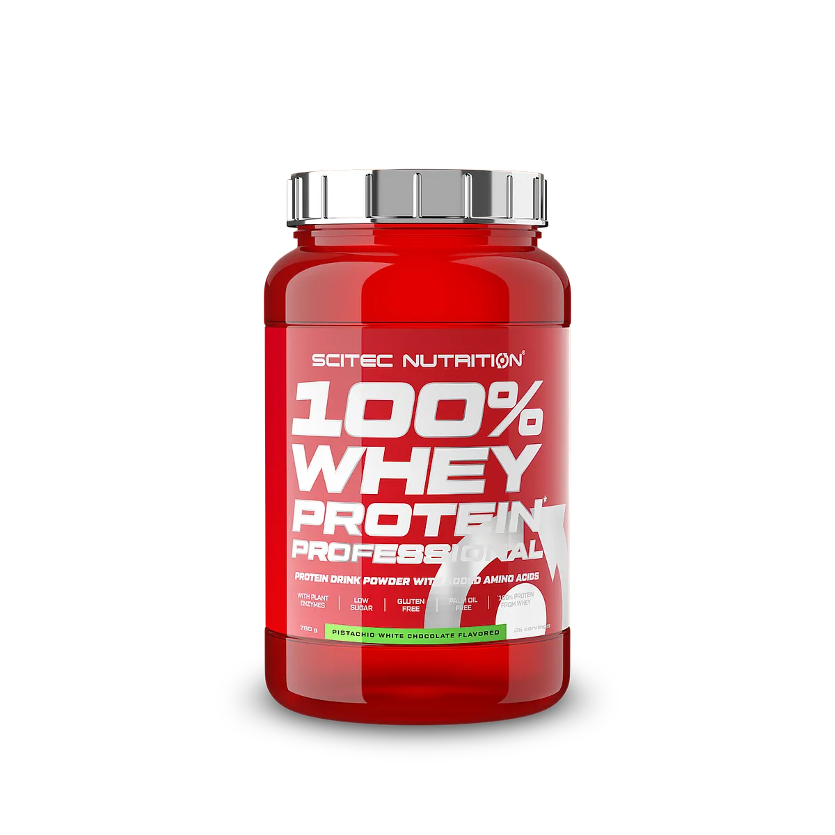 Опаковка на Scitec Nutrition 100% Whey Protein Professional с вкус на шамфъстък-бял шоколад