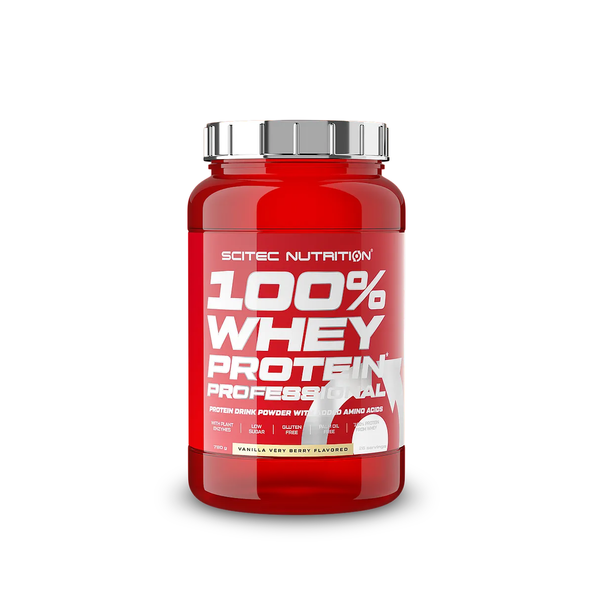 Опаковка на Scitec Nutrition 100% Whey Protein Professional с вкус на ванилия-горски плодове