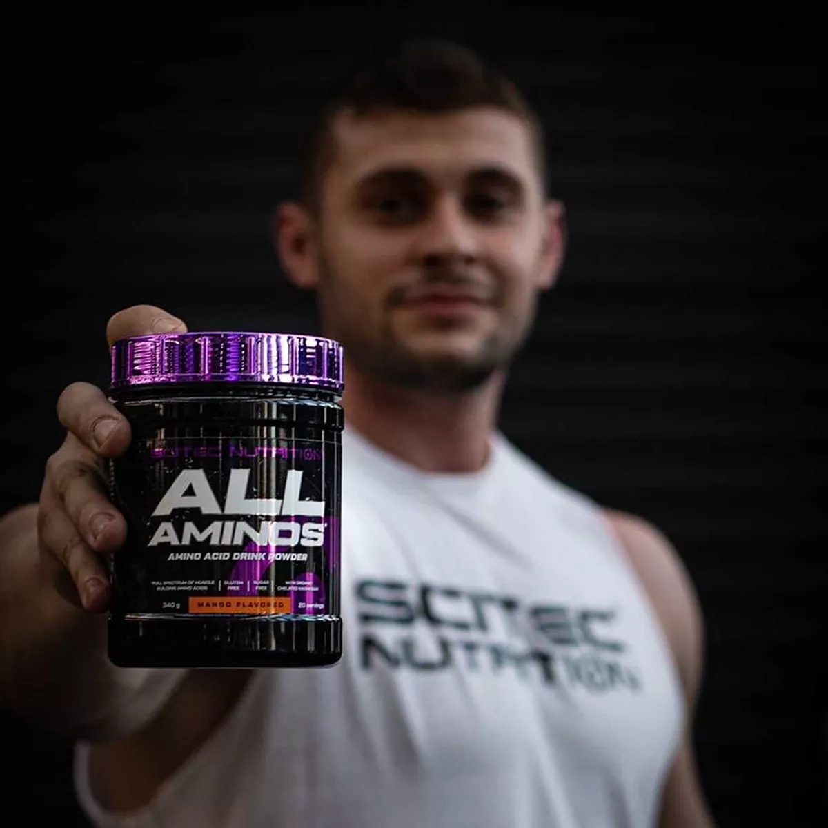 Опаковка на Scitec Nutrition All Aminos (340 гр.) с вкус зелен чай малина