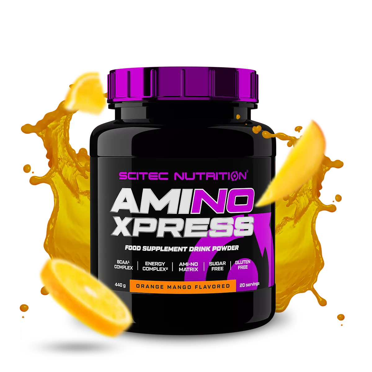Продуктова снимка на Scitec Nutrition Ami-NO Xpress, показваща праха и мерителната лъжичка