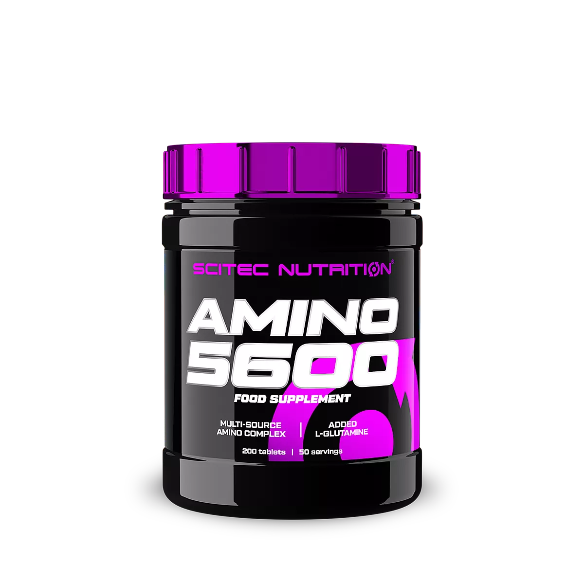 Опаковка на Scitec Nutrition Amino 5600 (200 таблетки), бяла бутилка със сини и червени акценти, показваща името на продукта и марката Scitec Nutrition.