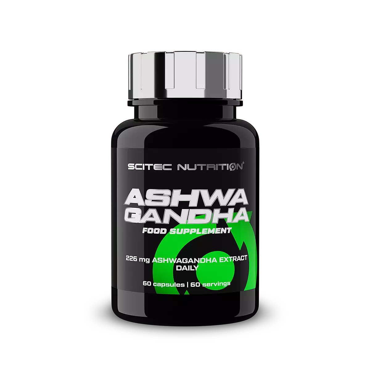 Опаковка на Scitec Nutrition Ashwagandha (60 капсули) отпред, с логото на марката и информация за продукта.