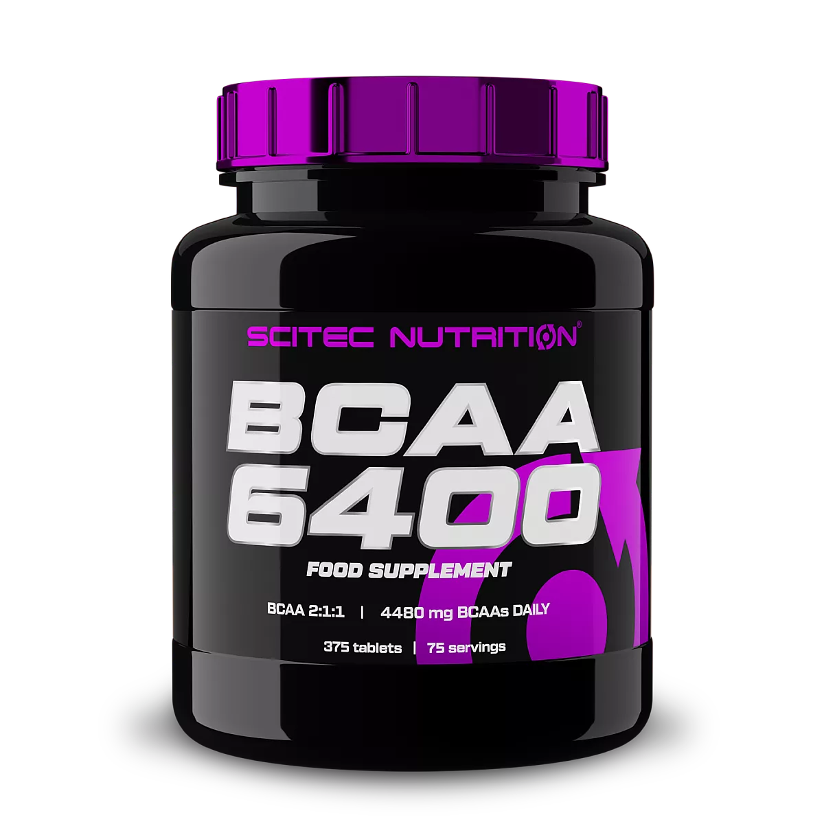 Опаковка на Scitec Nutrition BCAA 6400 с 375 таблетки, показваща логото на марката и ключова информация за продукта.