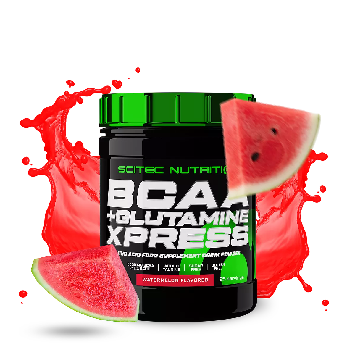 Scitec Nutrition BCAA + Glutamine Xpress – опаковка на фона на логото на Scitec Nutrition