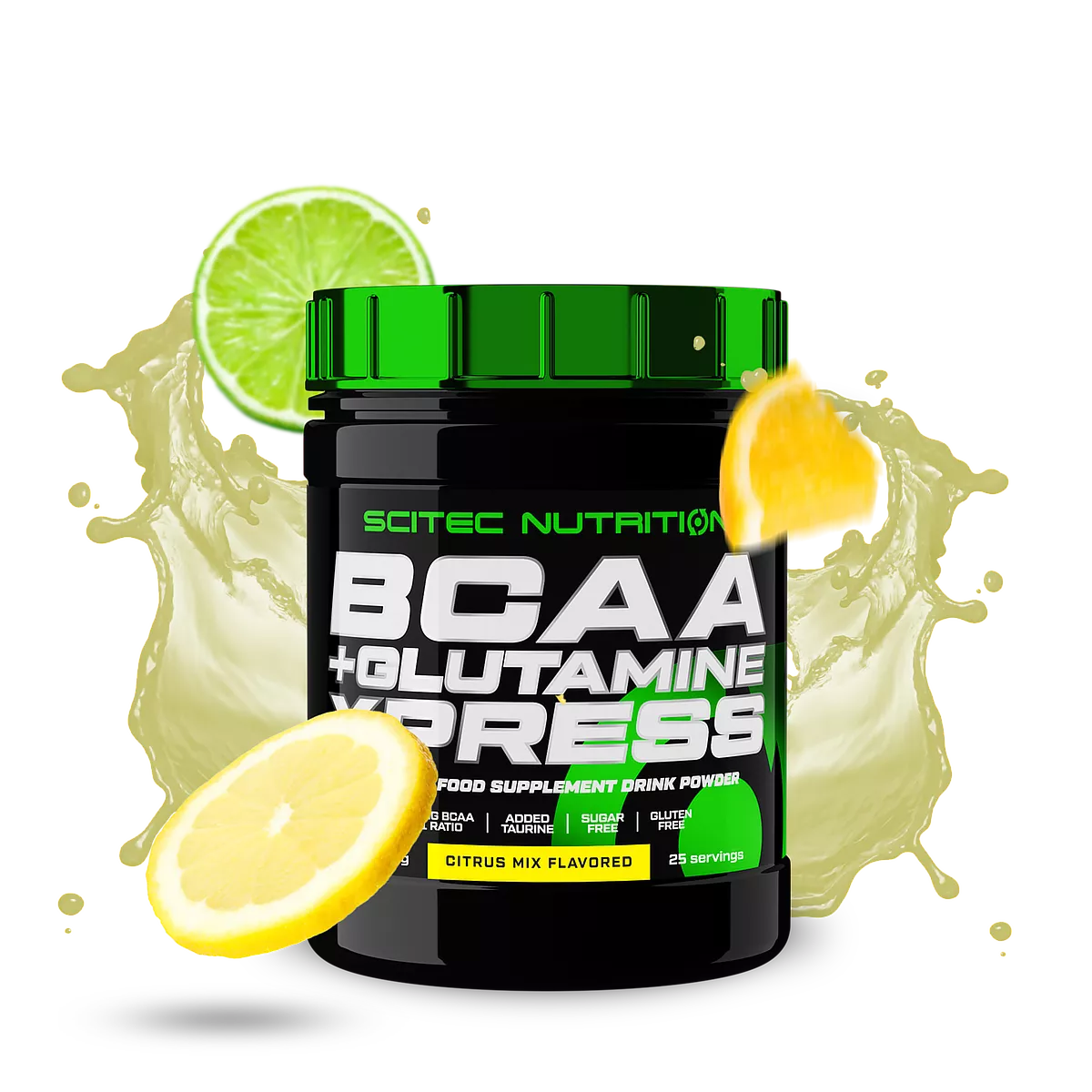 Композиция от опаковката на Scitec Nutrition BCAA + Glutamine Xpress и плодове за вкус