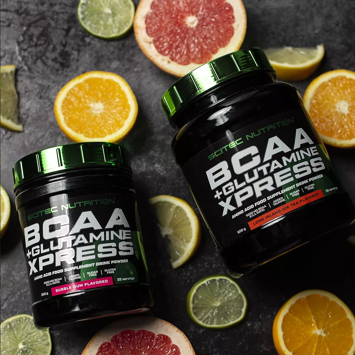 Опаковка Scitec Nutrition BCAA + Glutamine Xpress с етикет, показващ вкуса