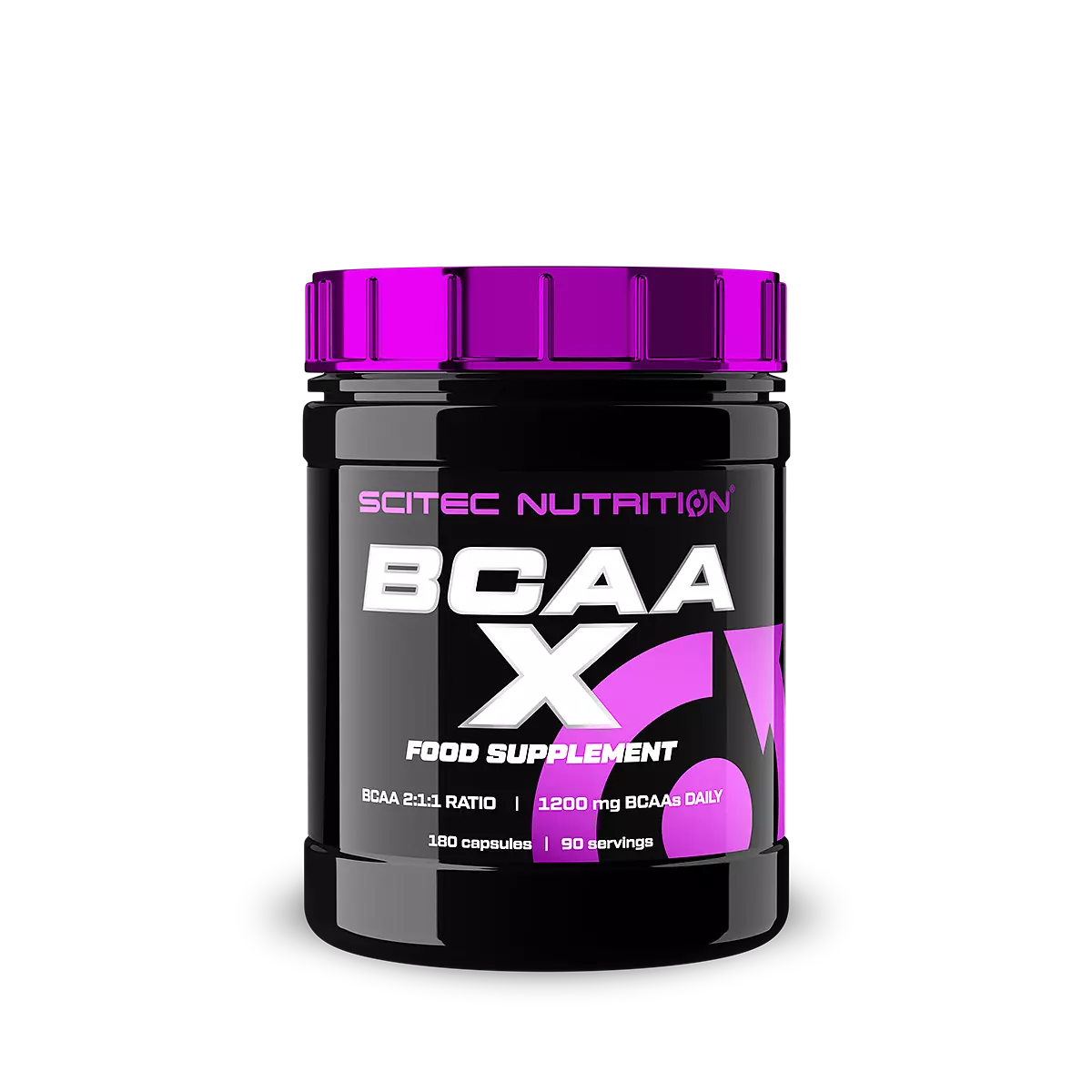 Опаковка Scitec Nutrition BCAA-X (180 капсули) в преден план, с логото на марката и информация за продукта.