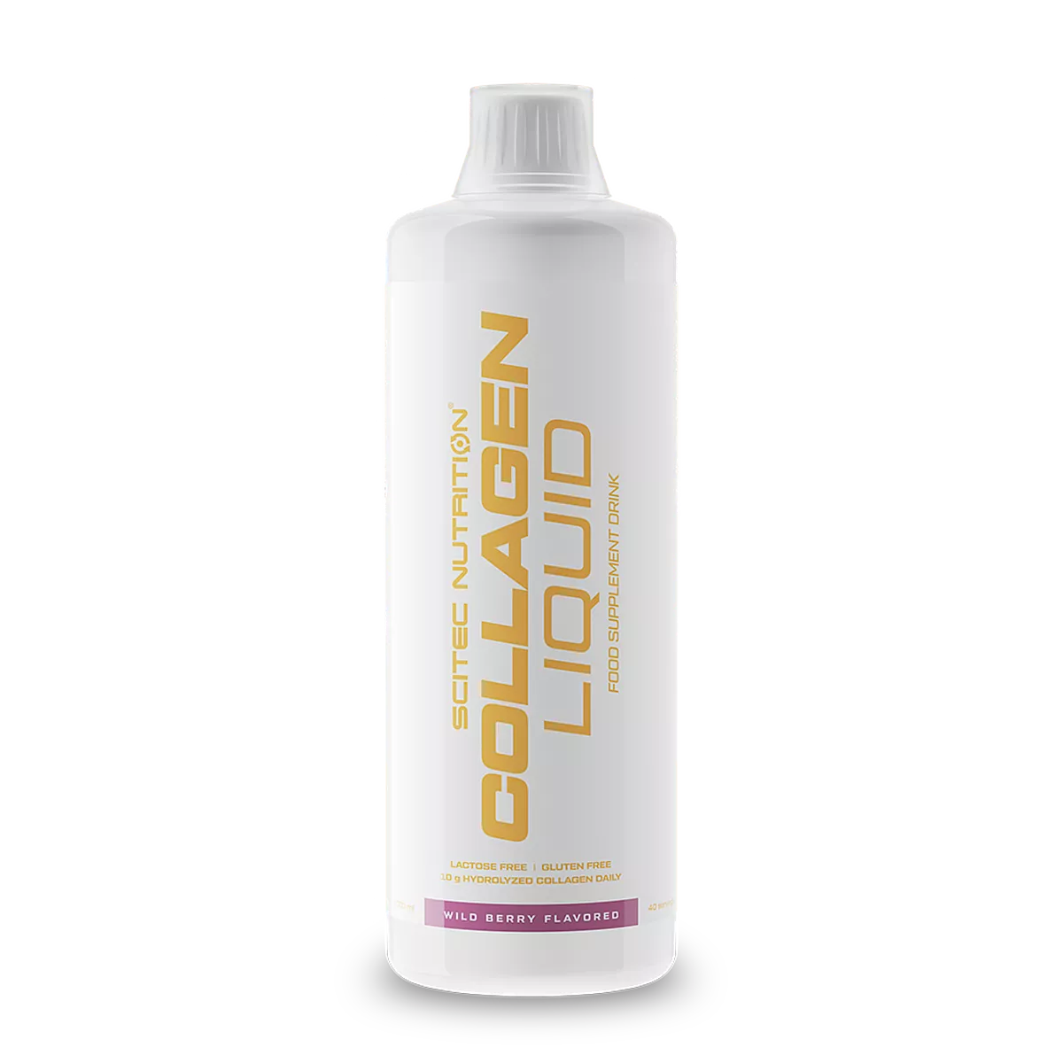 Бутилка Scitec Nutrition Collagen Liquid с етикет и вкус горски плодове, на преден план