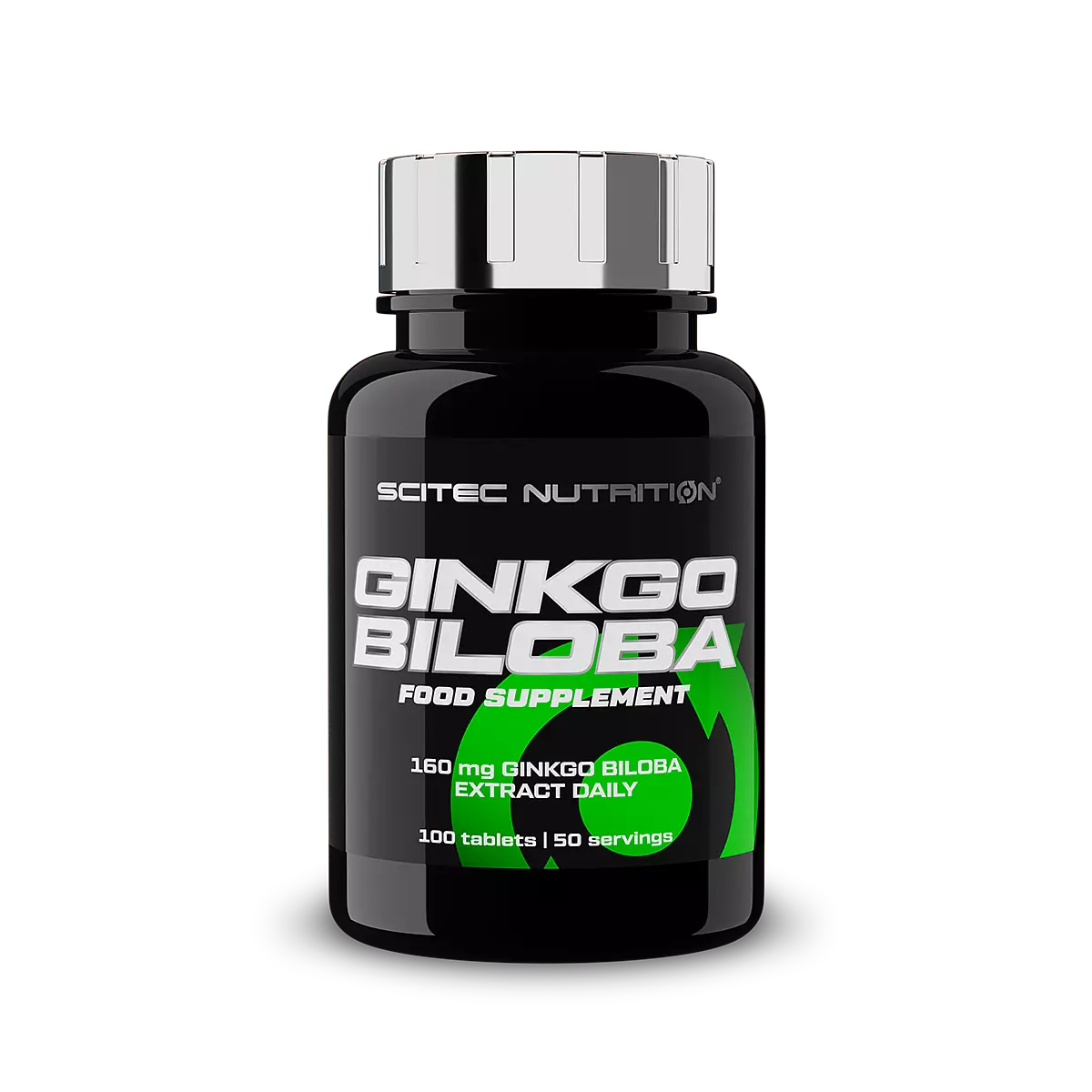 Опаковка на Scitec Nutrition Ginkgo Biloba (100 таблетки) с логото на марката и информация за продукта.