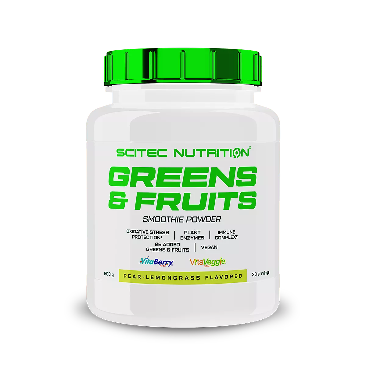 Опаковка на Scitec Nutrition Greens & Fruits (600 гр.) с вкус на круша и лимонена трева