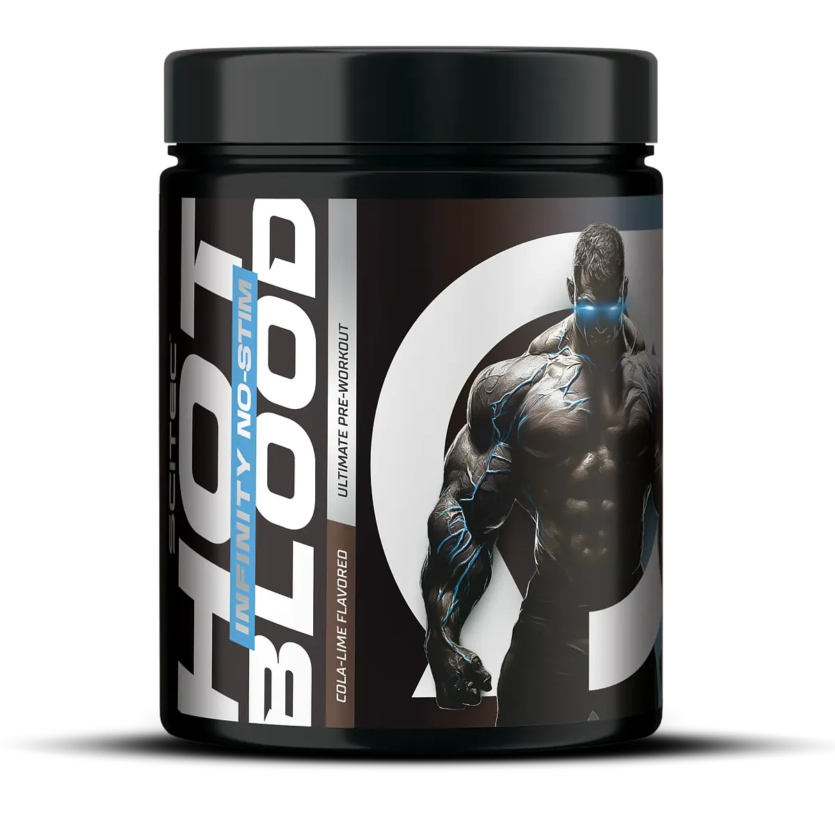 Опаковка на Scitec Nutrition Hot Blood Infinity No-Stim с вкус кола-лайм, предтренировъчен продукт за енергия и фокус