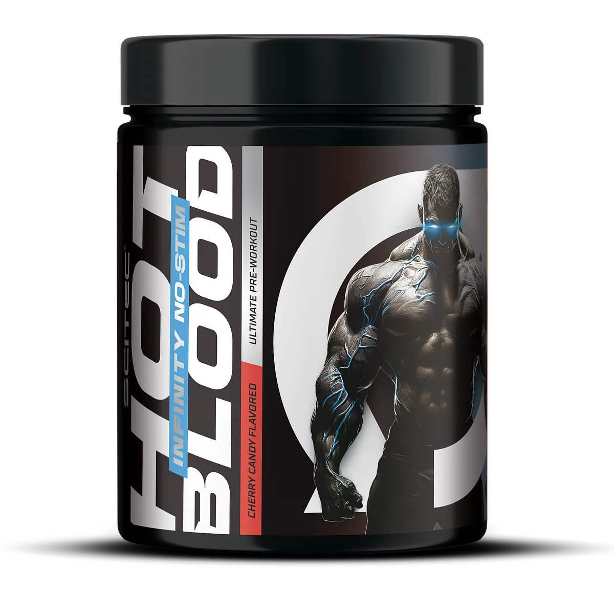Опаковка на Scitec Nutrition Hot Blood Infinity No-Stim с вкус черешов бонбон, предтренировъчен продукт без стимуланти