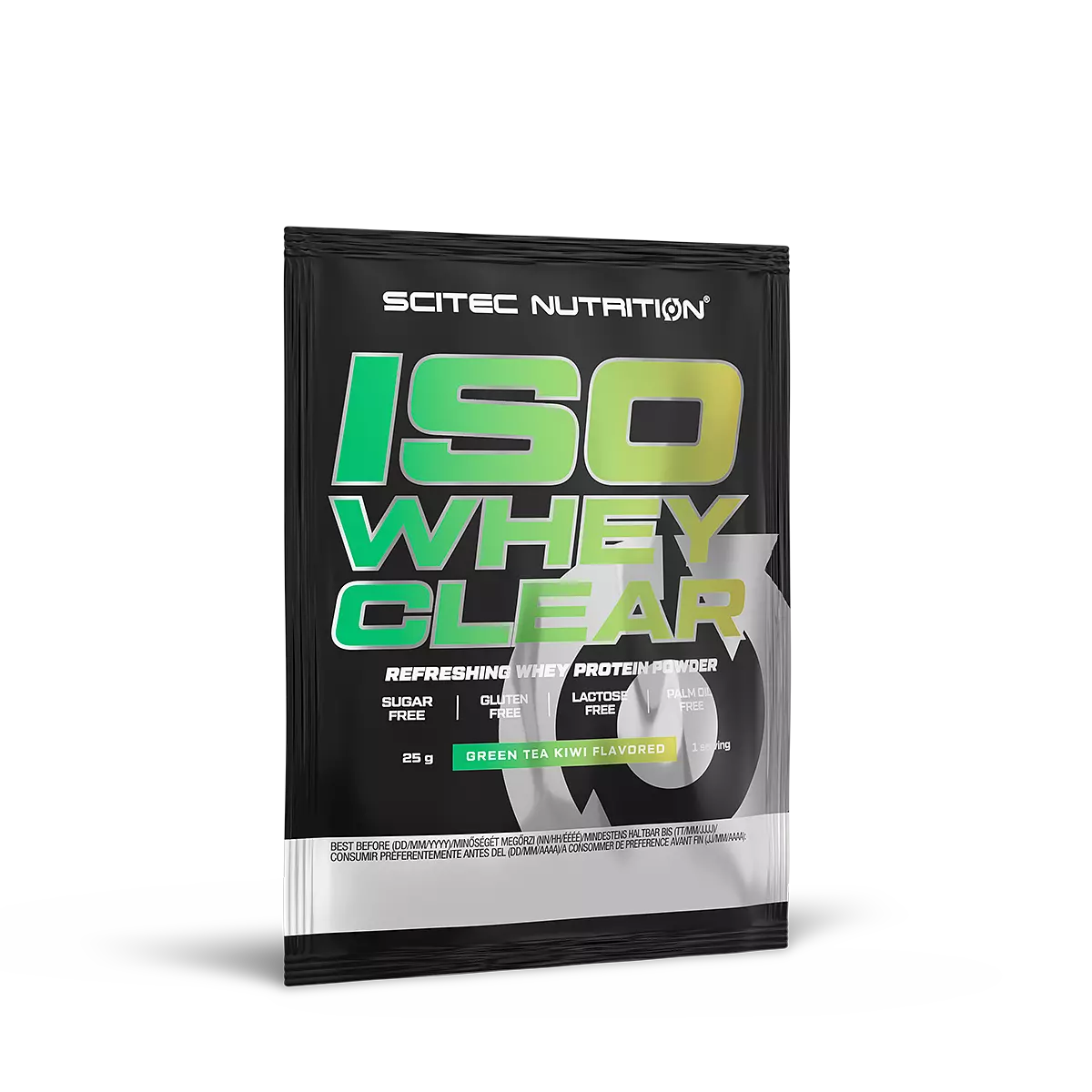 Опаковка на Scitec Nutrition Iso Whey Clear (25 гр.) с вкус зелен чай-киви, с изображение на плодовете и бистра напитка.