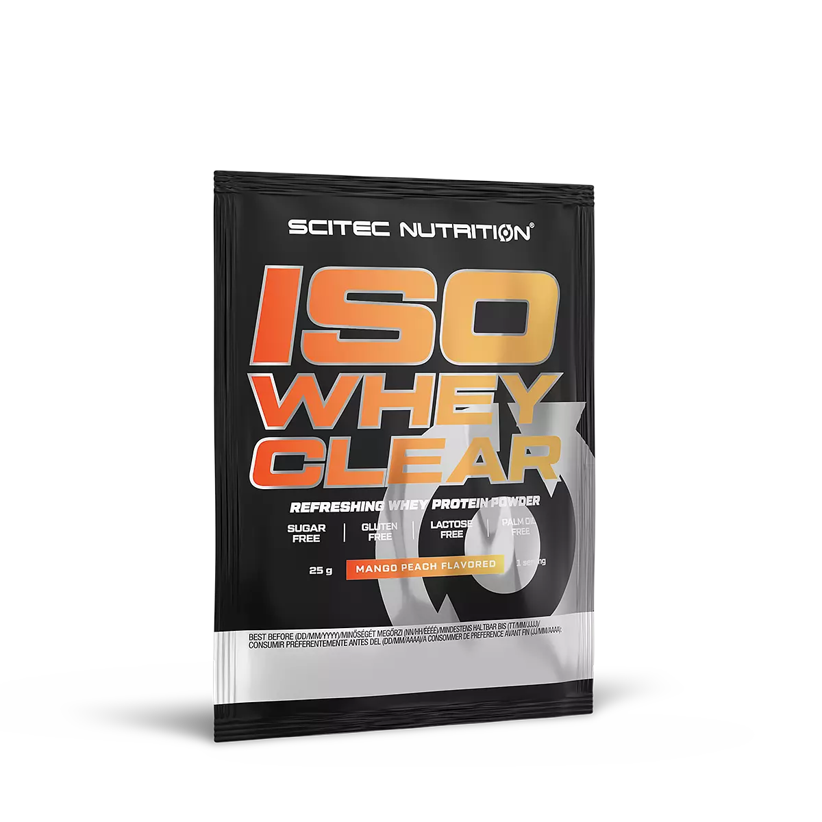 Опаковка на Scitec Nutrition Iso Whey Clear (25 гр.) с вкус праскова-манго, показваща бистрата течност в чаша.
