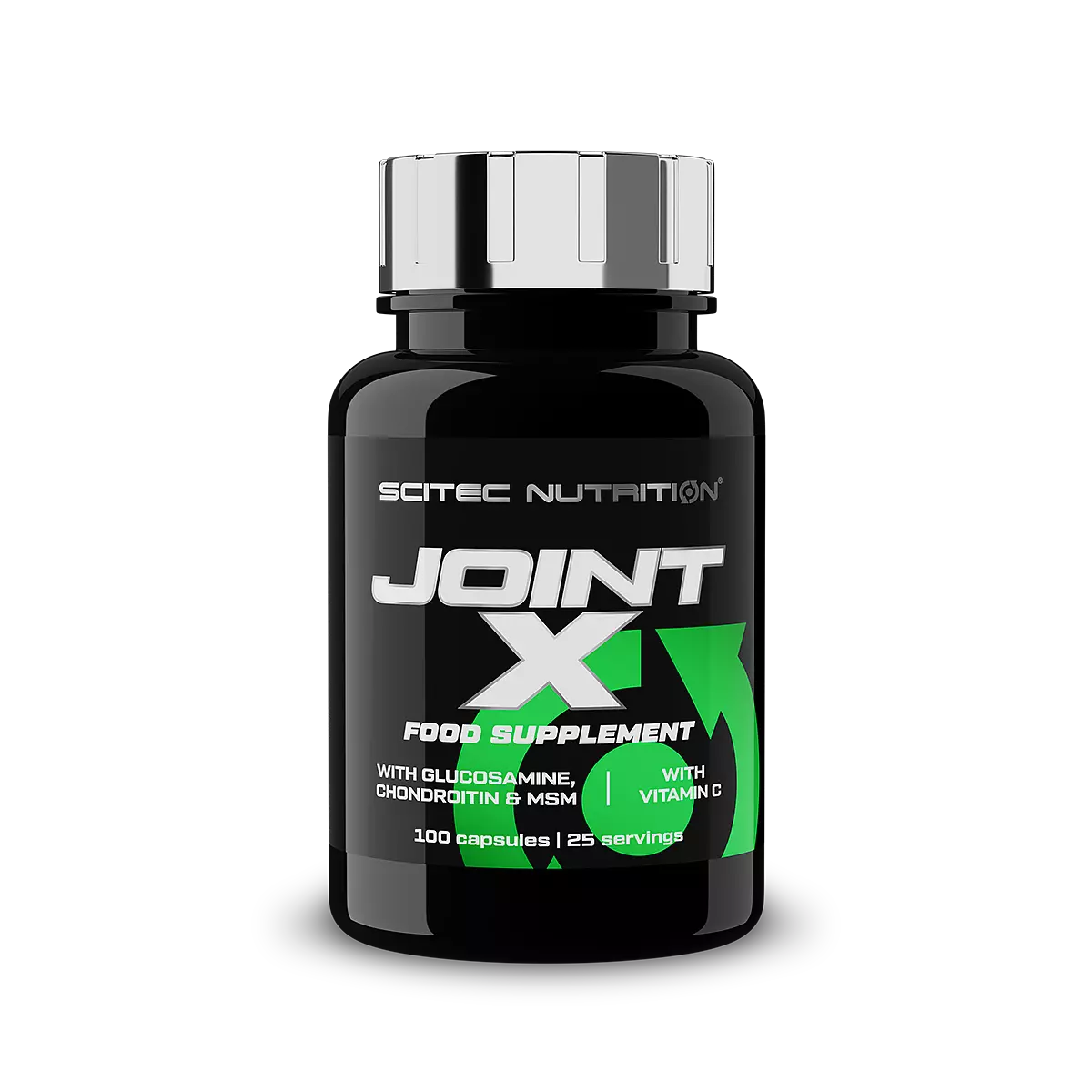 Опаковка на Scitec Nutrition Joint-X (100 капсули) с логото на марката и информация за продукта, на бял фон.