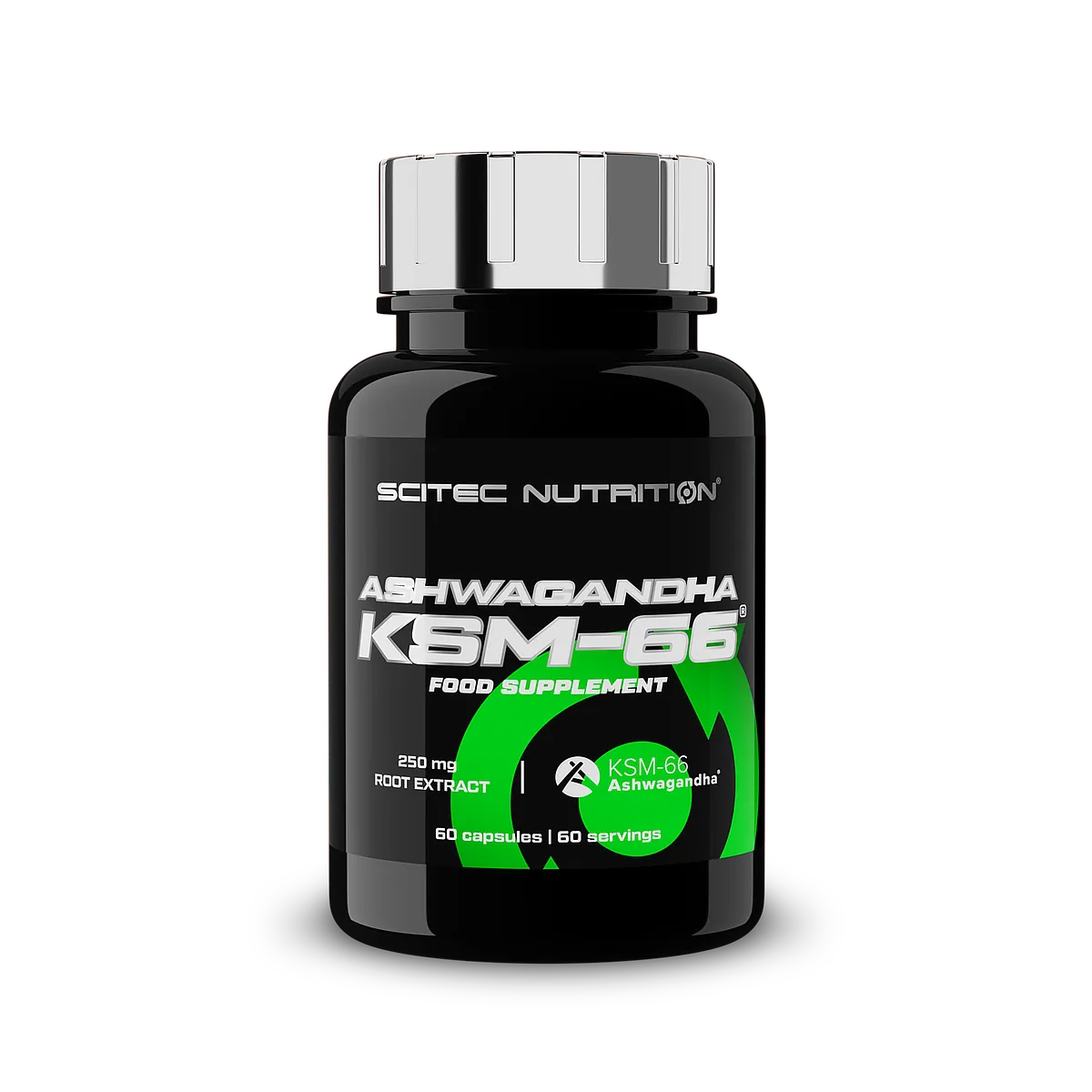 Опаковка на Scitec Nutrition KSM-66 Ashwagandha с 60 капсули на бял фон