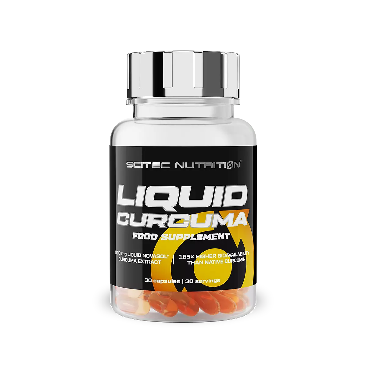 Опаковка на Scitec Nutrition Liquid Curcuma (30 капсули) с логото на марката и информация за продукта
