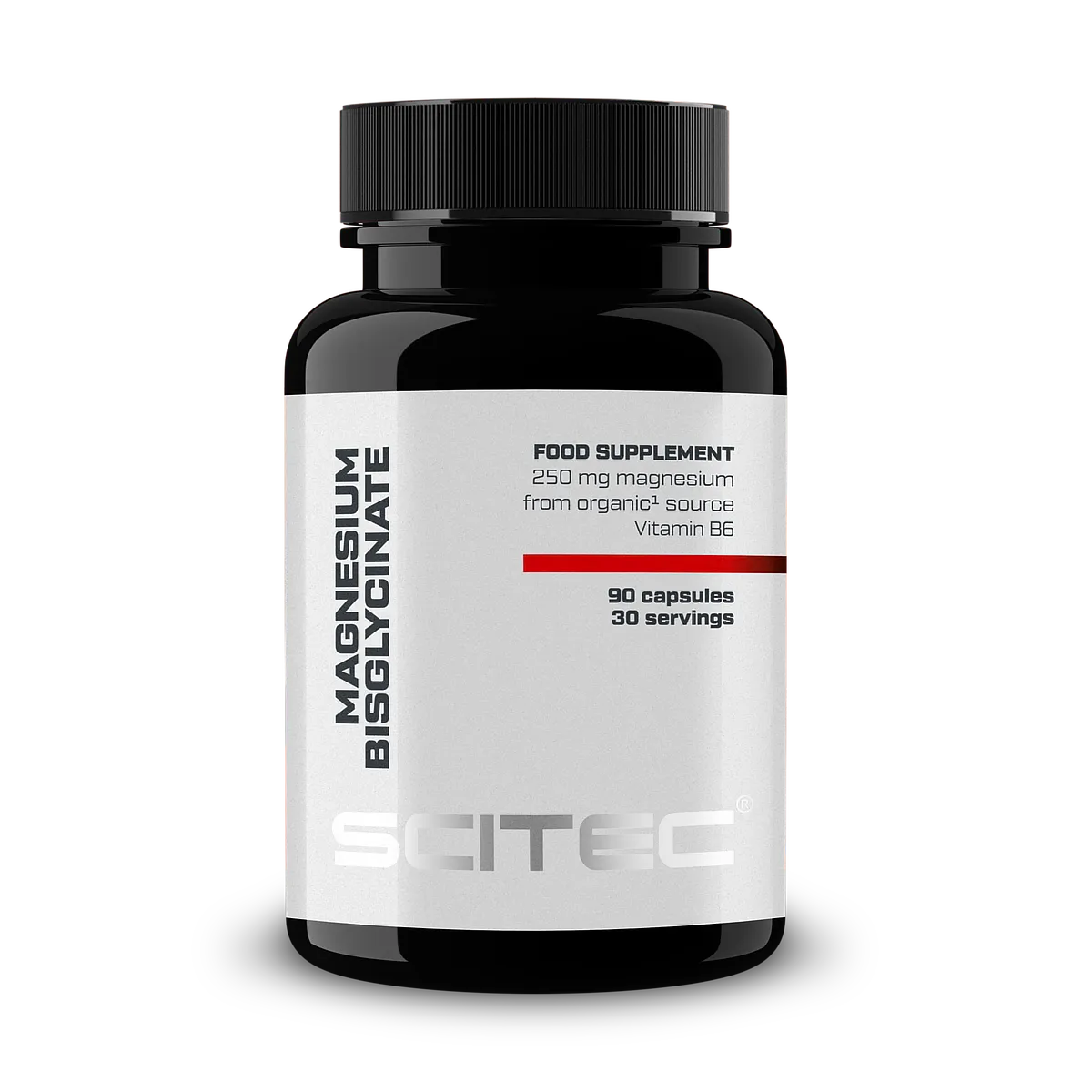 Опаковка на Scitec Nutrition Magnesium Bisglycinate (90 капсули) отпред, с логото на марката и информация за продукта.