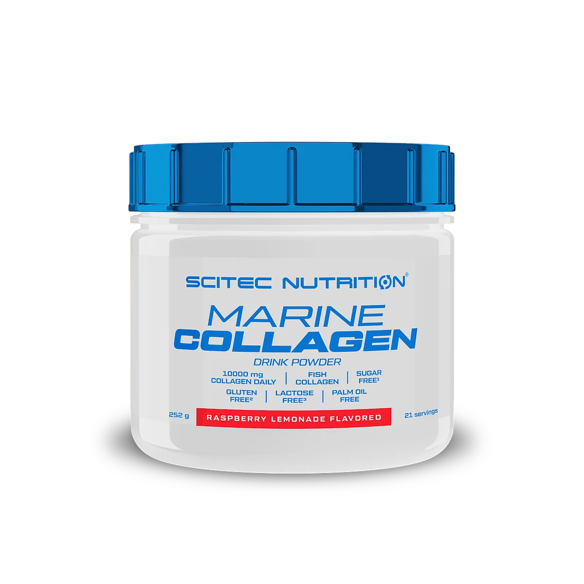 Опаковка на Scitec Nutrition Marine Collagen с вкус малина-лимонада, показваща логото на марката и ключови характеристики.