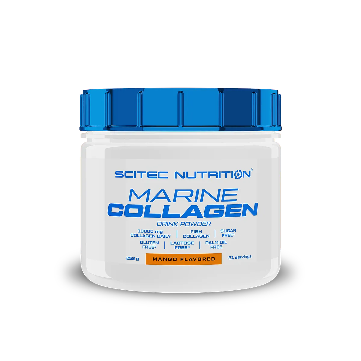 Опаковка на Scitec Nutrition Marine Collagen с вкус манго, показваща логото на марката и информация за продукта.