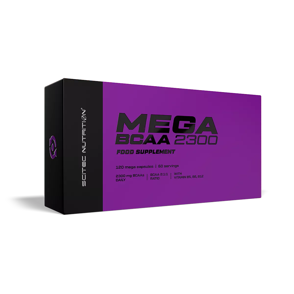 Опаковка на Scitec Nutrition Mega BCAA 2300 (120 капсули) на бял фон