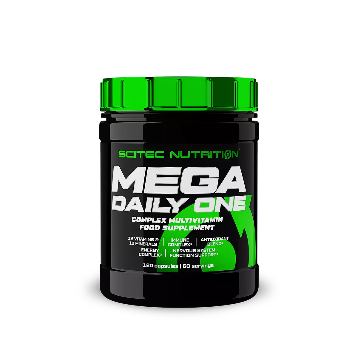 Опаковка на Scitec Nutrition Mega Daily One с 120 капсули, показваща логото на марката и името на продукта.