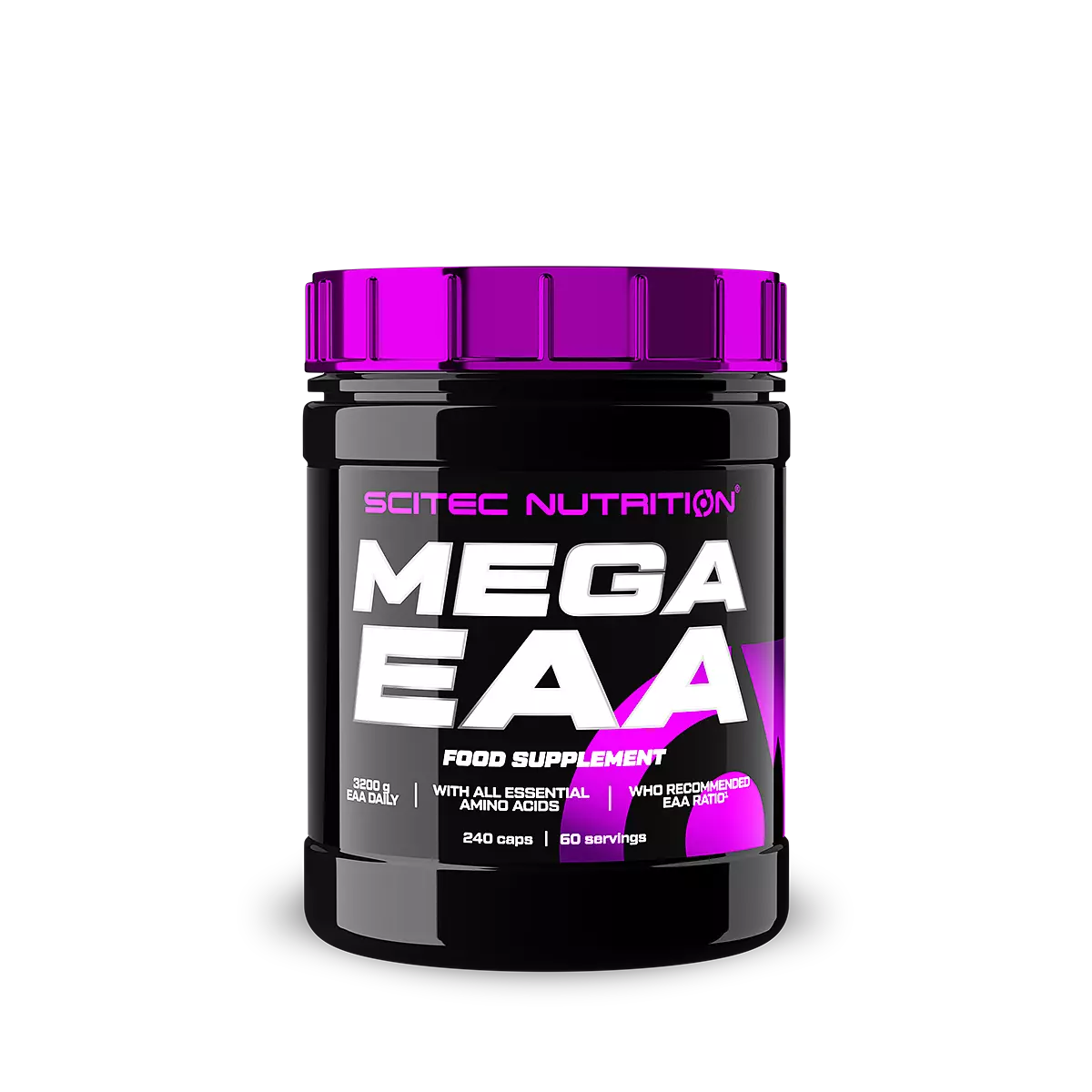 Опаковка на Scitec Nutrition Mega EAA (240 капсули) отпред, показваща името на продукта и марката.