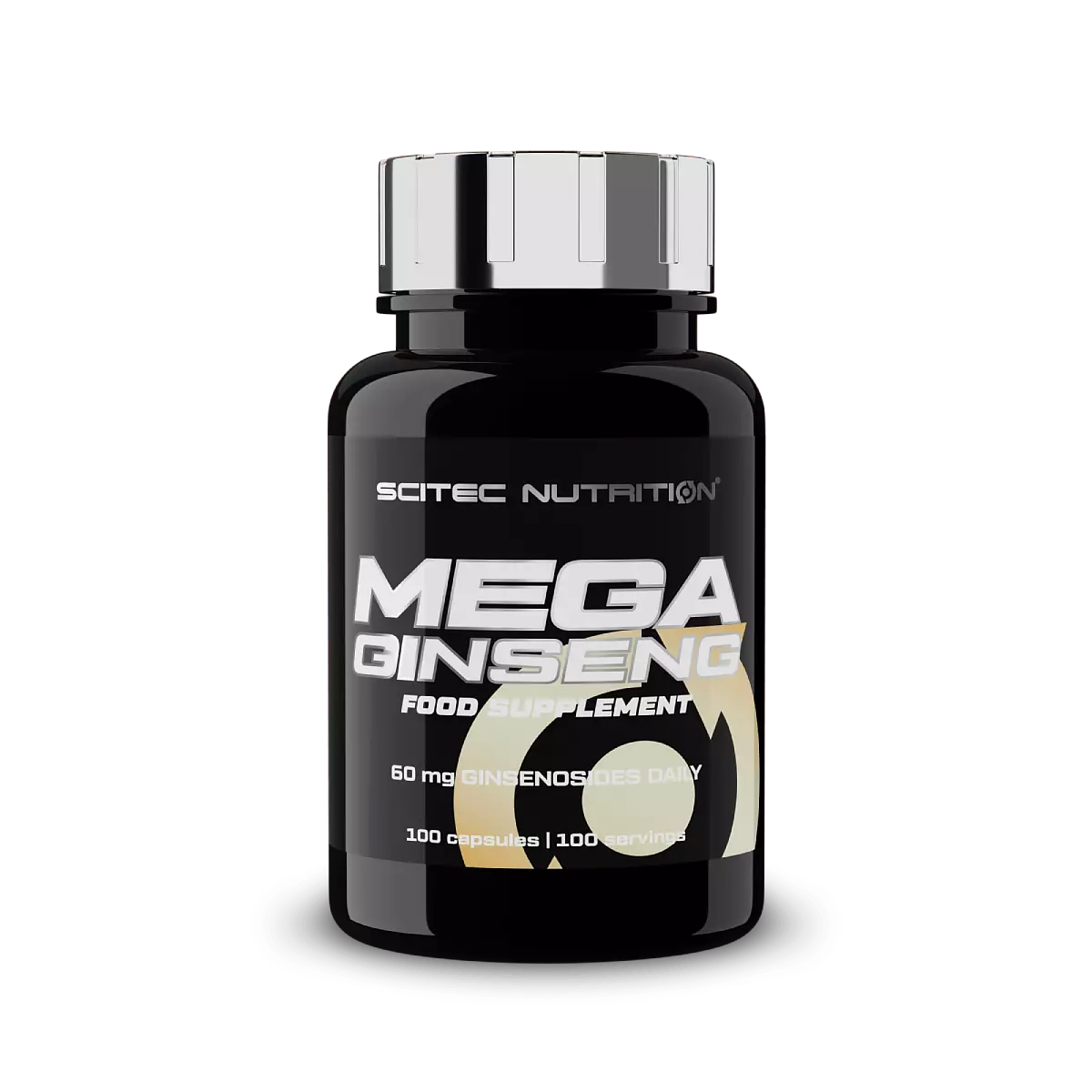 Опаковка на Scitec Nutrition Mega Ginseng (100 капс) с логото на марката и изображение на женшен