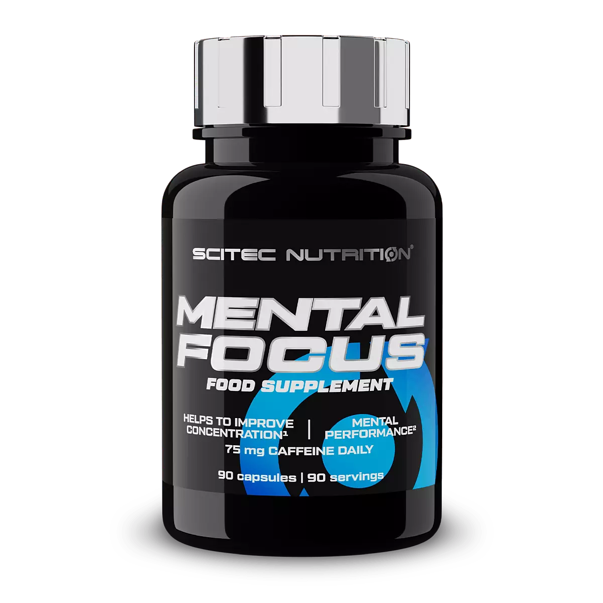 Опаковка на Scitec Nutrition Mental Focus (90 капсули) с логото на марката и информация за продукта.