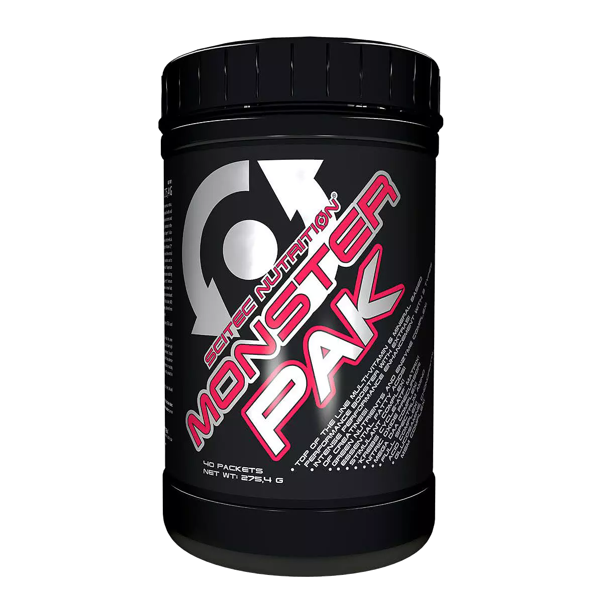 Опаковка на Scitec Nutrition Monster Pak с 40 пакета, показваща съдържанието на различни капсули и таблетки.