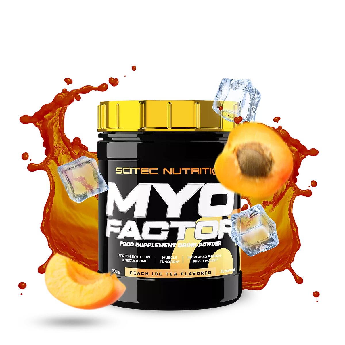 Детайлна снимка на опаковката на Scitec Nutrition MyoFactor, показваща хранителната информация и състав.
