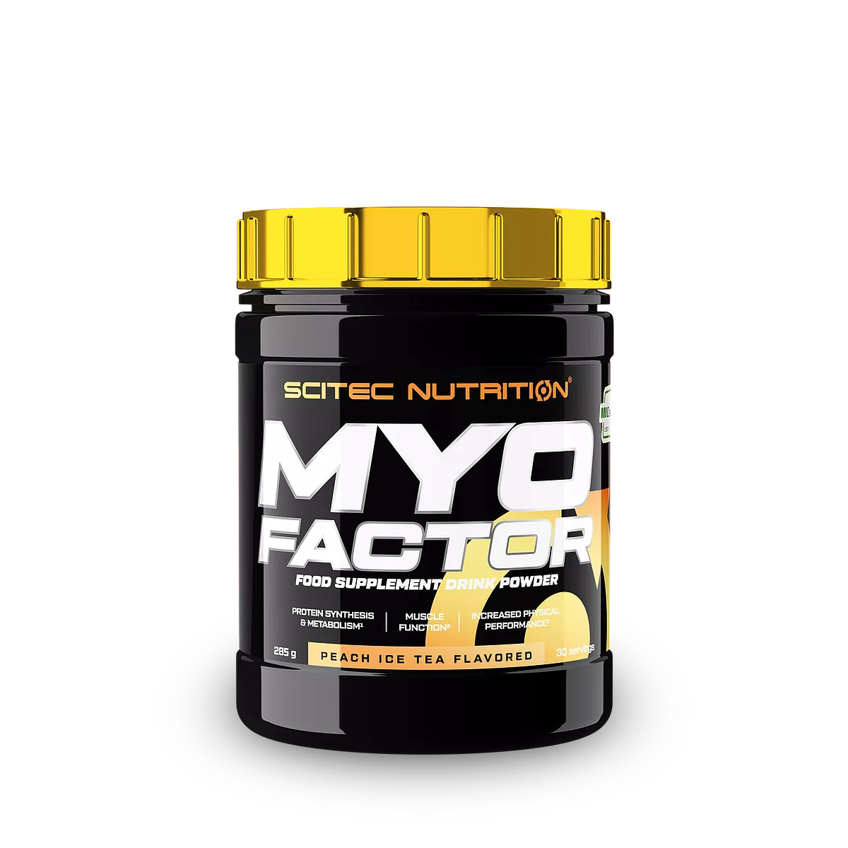 Опаковка на Scitec Nutrition MyoFactor с вкус на праскова и студен чай, на преден план логото на марката.