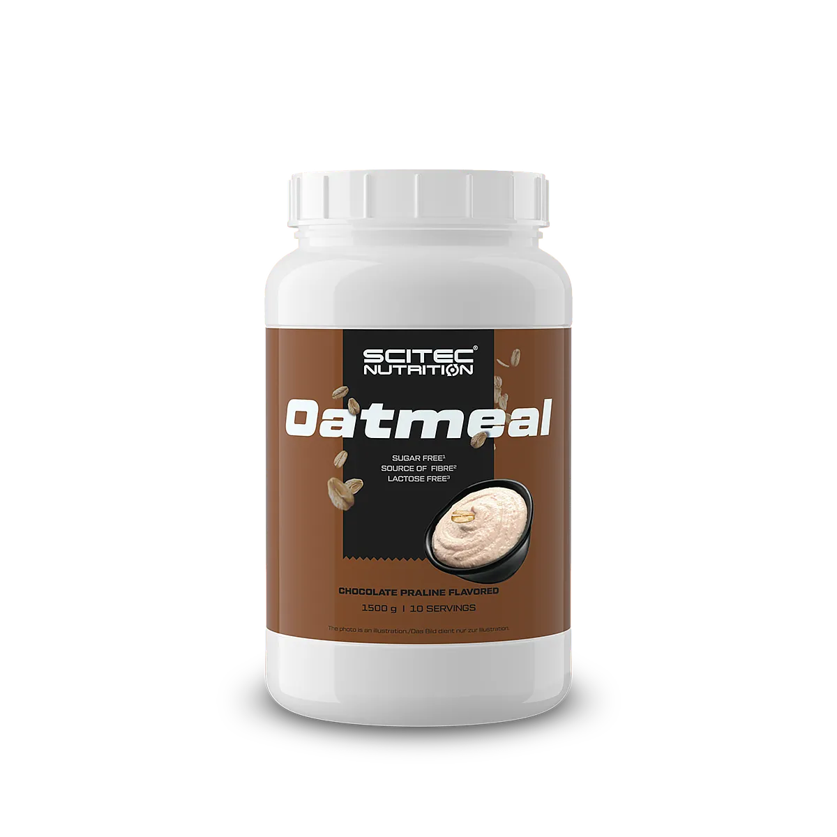 Опаковка Scitec Nutrition Oatmeal 1.5 кг с вкус Бял шоколад, на фона на овесени ядки и бял шоколад