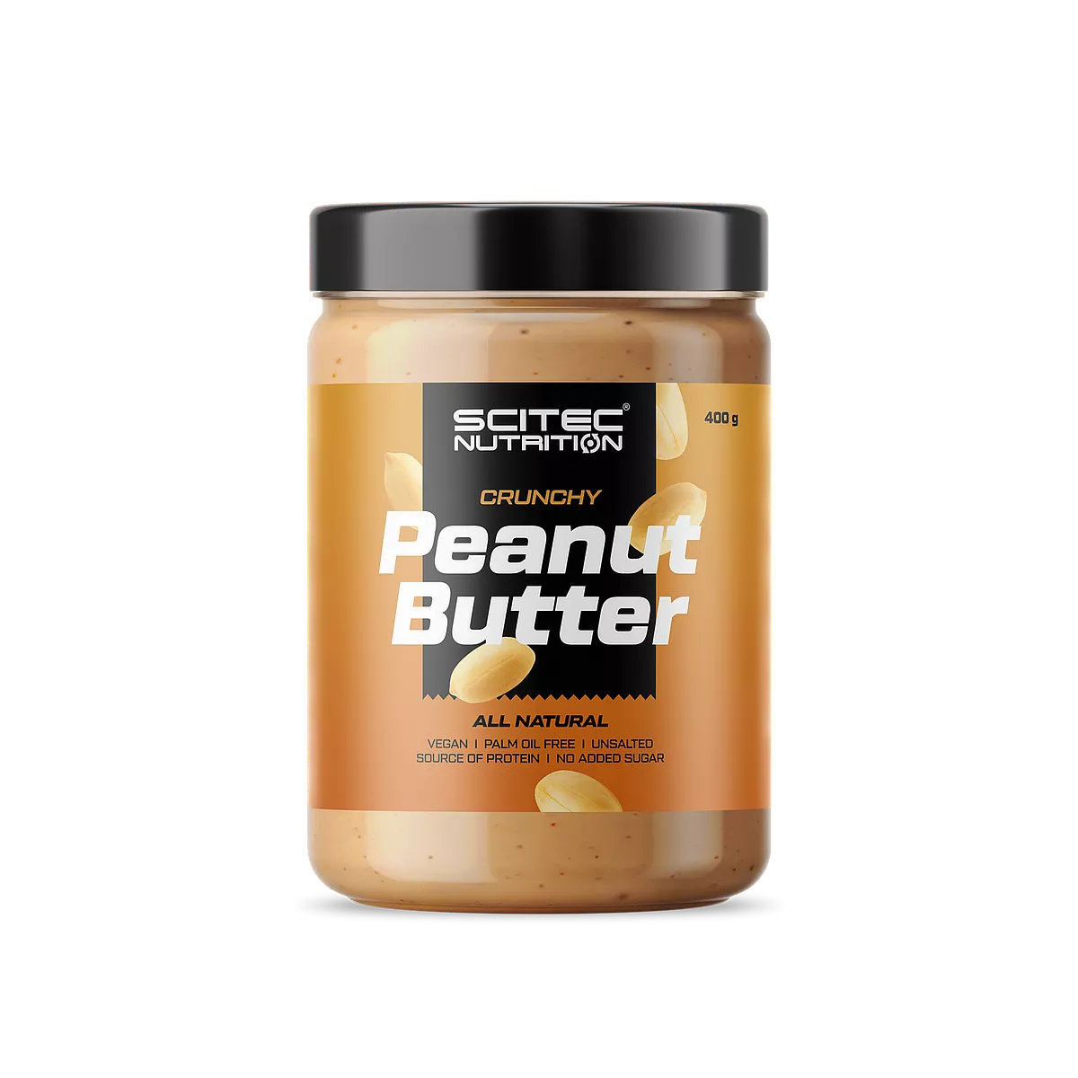 Буркан Scitec Nutrition Peanut Butter с акцент върху надписите 'PALM OIL FREE' и 'VEGAN'