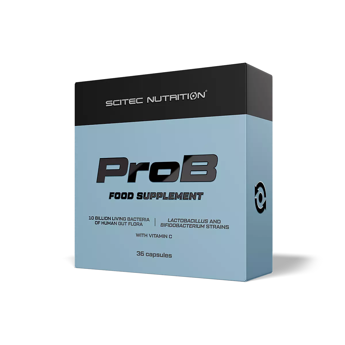 Опаковка Scitec Nutrition ProB с 36 капсули, показваща името на продукта и марката.