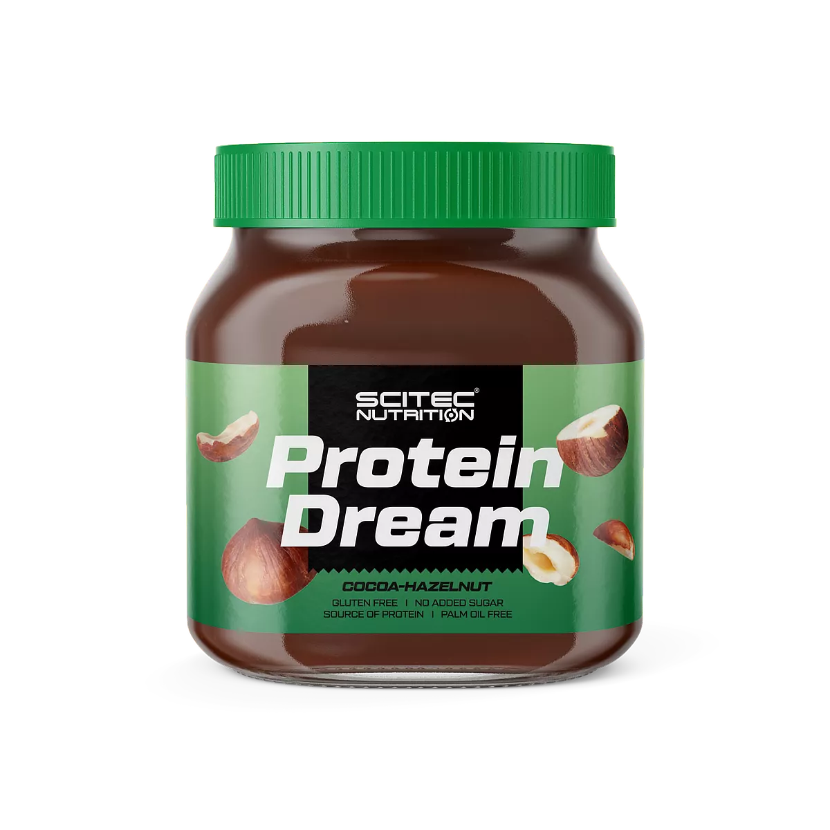 Scitec Nutrition Protein Dream - буркан с какаово-лешников крем на бял фон