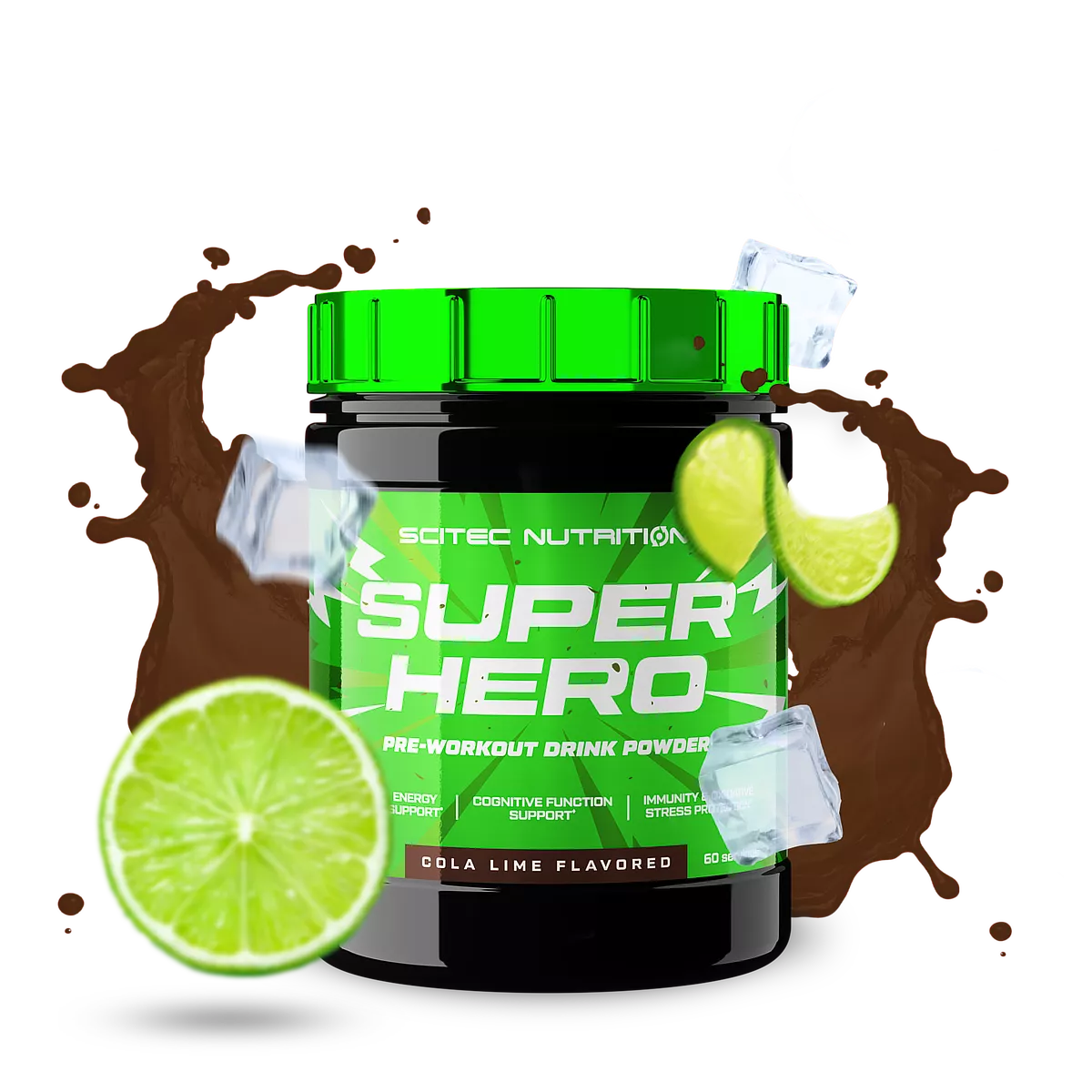 Логото на Scitec Nutrition на фона на продукта Superhero