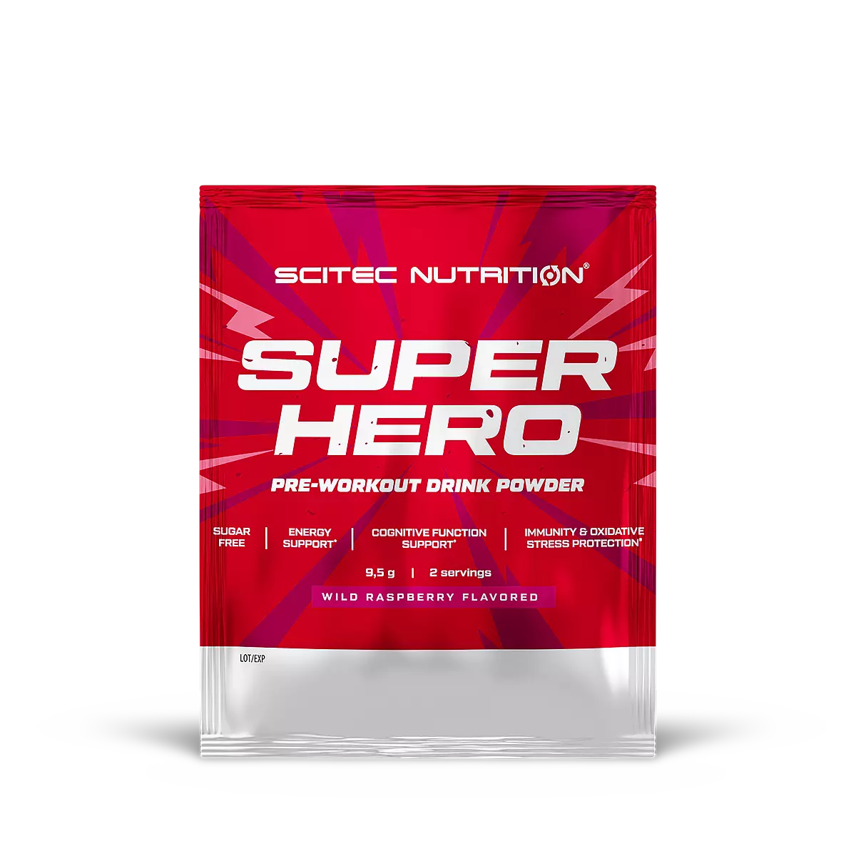 Близка снимка на отворена опаковка Scitec Nutrition Superhero, показваща прахообразната смес и мерителна лъжичка.