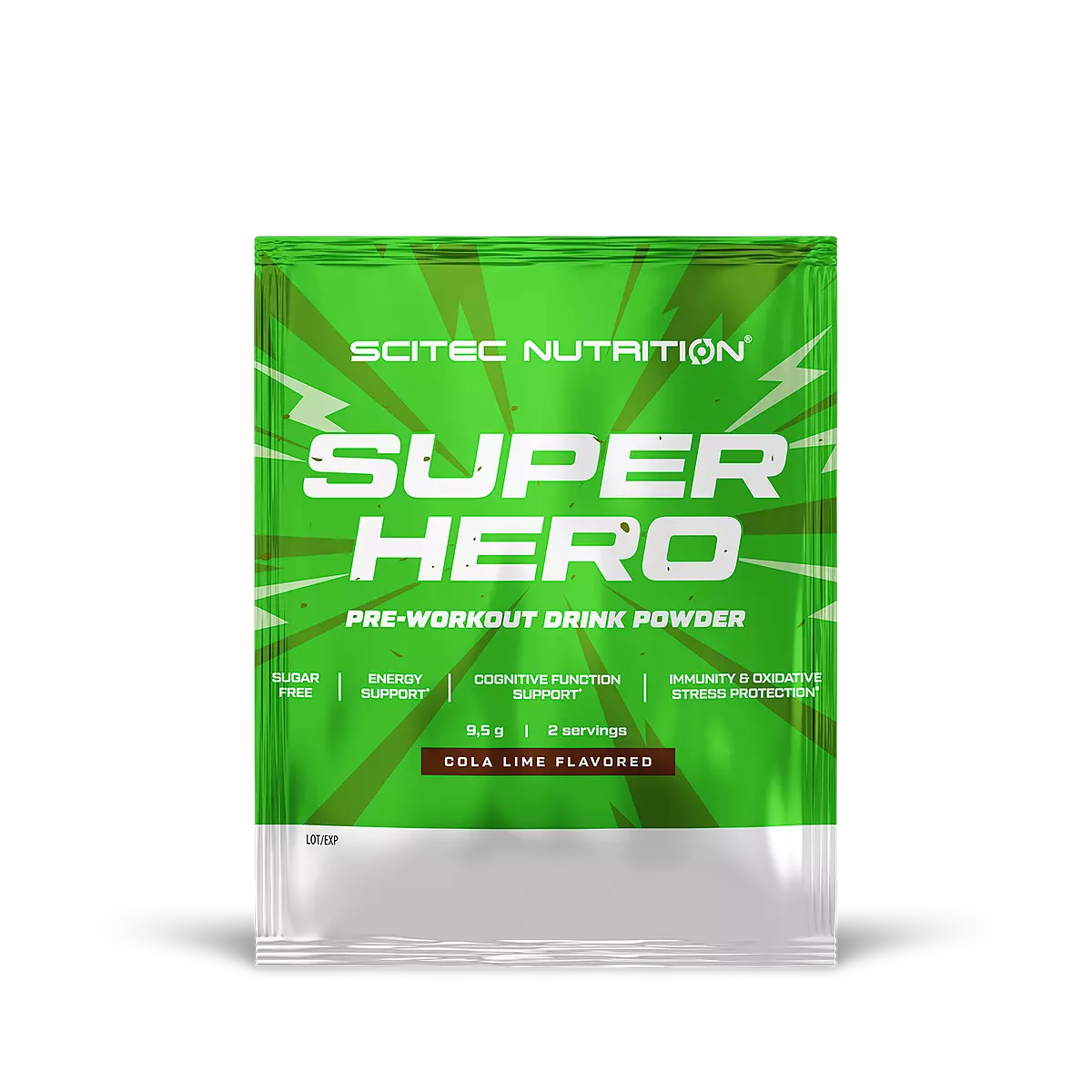 Опаковка на Scitec Nutrition Superhero с вкус горски плодове (wildberry), показваща логото на марката и името на продукта.