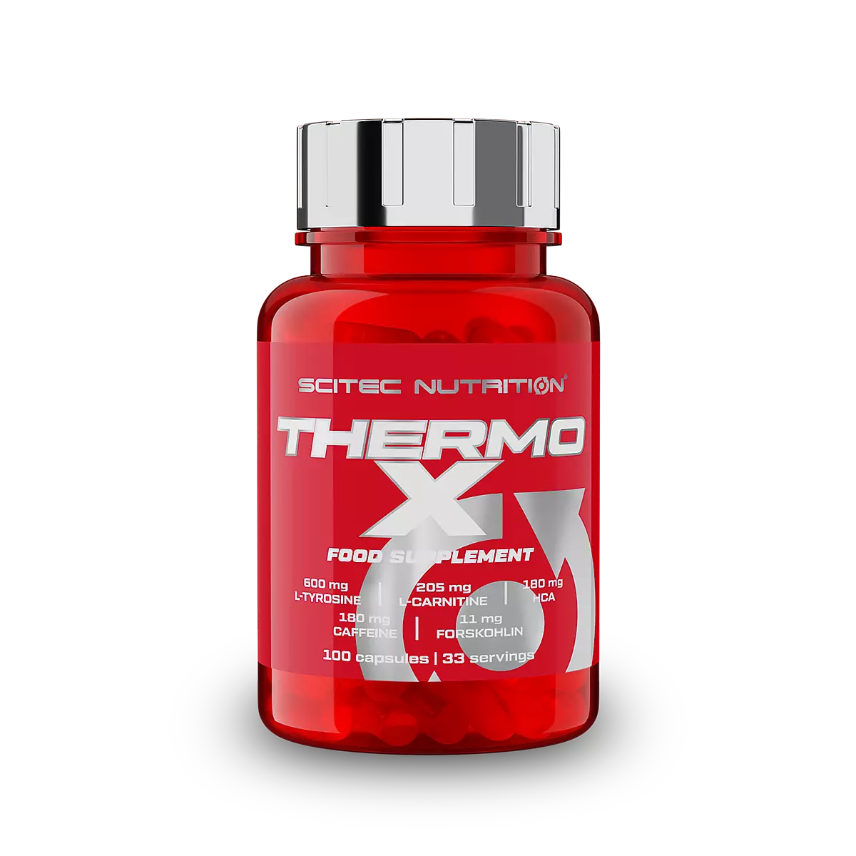 Опаковка на Scitec Nutrition Thermo-X (100 капсули) с логото на марката и информация за продукта