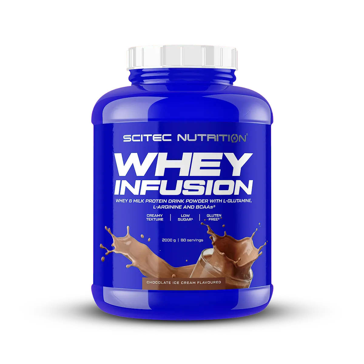 Детайлна снимка на етикета на Scitec Nutrition Whey Infusion (2 kg), показваща състава и хранителните стойности.