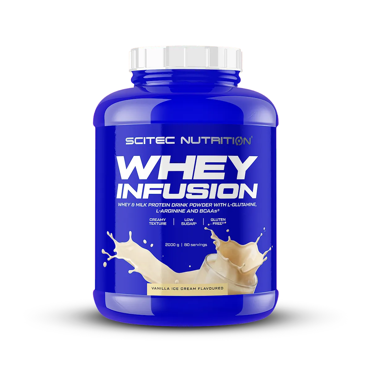 Голяма опаковка Scitec Nutrition Whey Infusion (2 kg) с етикет и логото на марката.