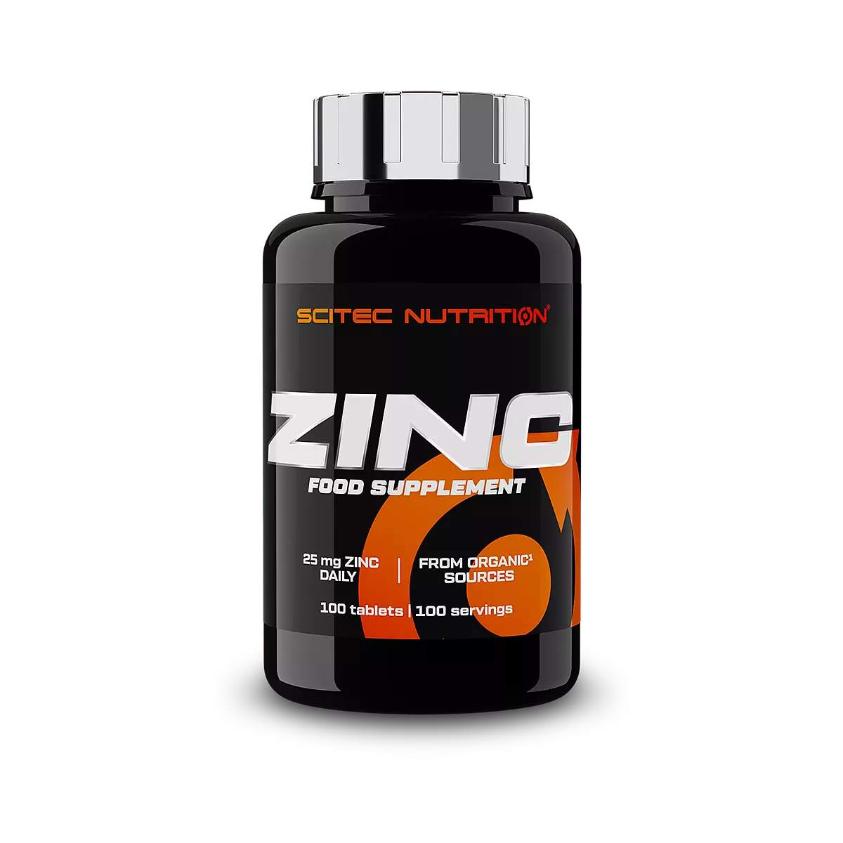 Опаковка на Scitec Nutrition Zinc (100 таблетки) с акцент върху съдържанието на 25 mg цинк.