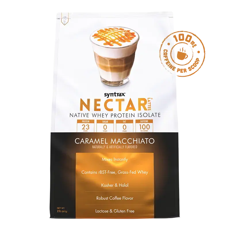 Syntrax Nectar Lattes Caramel Macchiato протеин преден изглед на опаковка с хранителна таблица