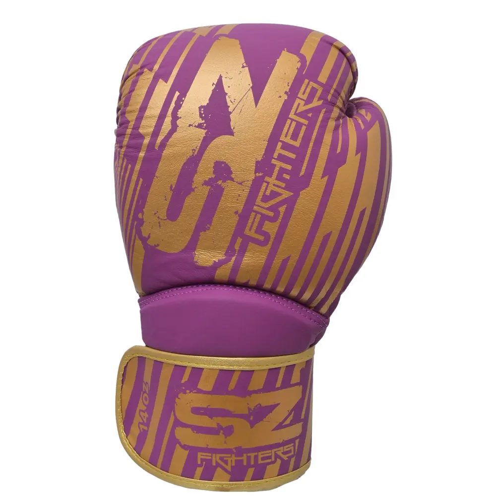 SZ Fighters – Боксови ръкавици естествена кожа – Plasma 2.0 Purple – Gold, преден изглед с тегло