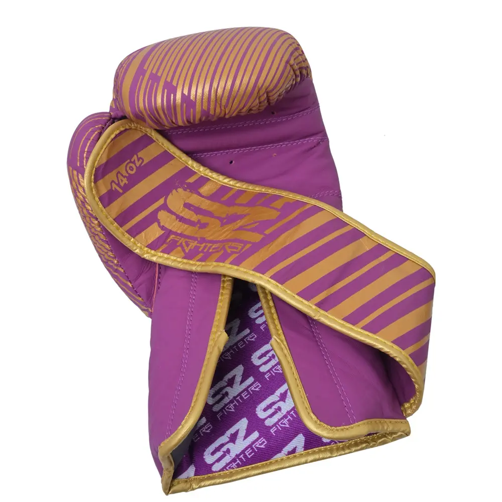 SZ Fighters – Боксови ръкавици естествена кожа – Plasma 2.0 Purple – Gold, изглед с отворено велкро
